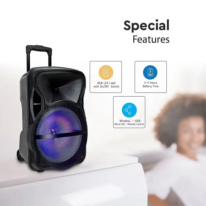 BOXA PORTABILA ILUMINATA LED 15"/38CM 50W RMS CU USB/SD/BT/FM SKU-7738